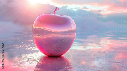 Glowing Transparent Apple on Reflective Surface at Sunrise with Pink and Blue Hues