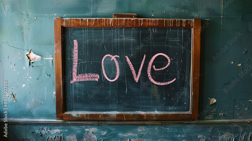 Obraz premium Vintage Chalkboard with Love Message on Weathered Teal Wall