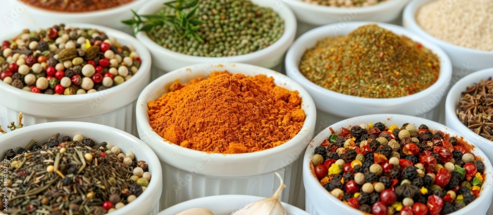 Various kinds of kitchen spices are stored in cups