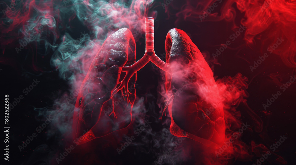 A concept of damaged lungs from the effects of vaping and smoking in red and pink colours