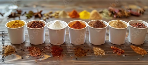 Various kinds of kitchen spices are stored in cups