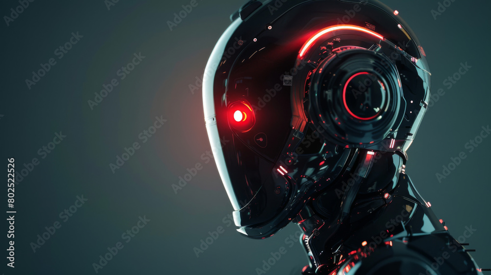 A side on portrait of a futuristic robot cyborg head with neutral dark background