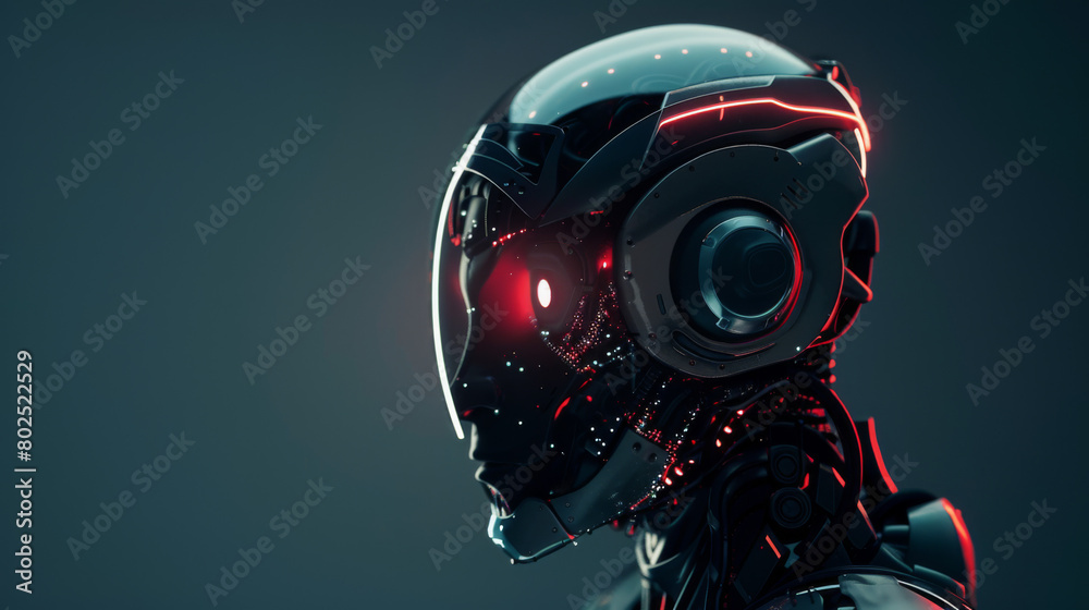 A side on portrait of a futuristic robot cyborg head with neutral dark background