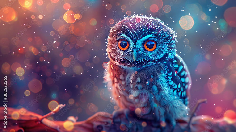 Mystical Blue Owl with Intense Orange Eyes in Dreamy Bokeh Lights Background Mystical Blue Owl with Intense Orange Eyes in Dreamy Bokeh Lights Background