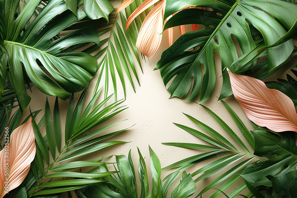 Obraz premium Abstract art tropical leaves background. Wallpaper design with art texture from palm leaves, Jungle leaves, exotic botanical floral pattern