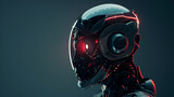 A side on portrait of a futuristic robot cyborg head with neutral dark background