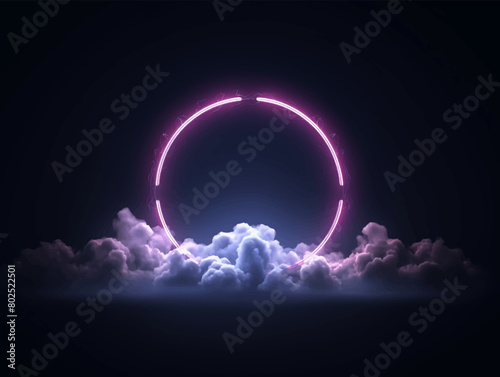 Abstract 3d glow in the dark cloud with neon light ring on dark night sky. Glowing geometric rounded shape illustration background