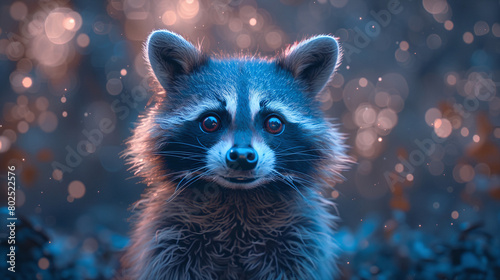 Close Up Raccoon Face in Mystical Blue Forest with Glowing Eyes © Kiss