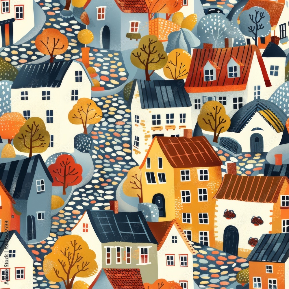 Seamless Pattern of Cobblestone Streets with Colorful Houses


