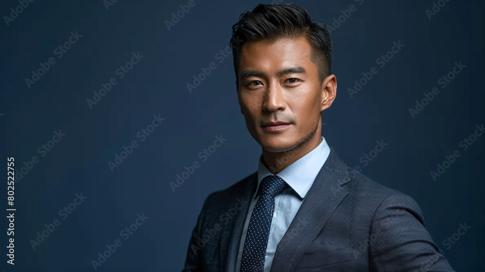 Confident Asian Businessman in Blue Suit with Subtle Smirk on Dark Background Confident Asian Businessman in Blue Suit with Subtle Smirk on Dark Background