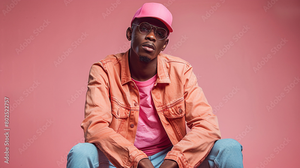 Obraz premium Stylish Young Black Man in Pink Cap and Orange Jacket on Pink Background