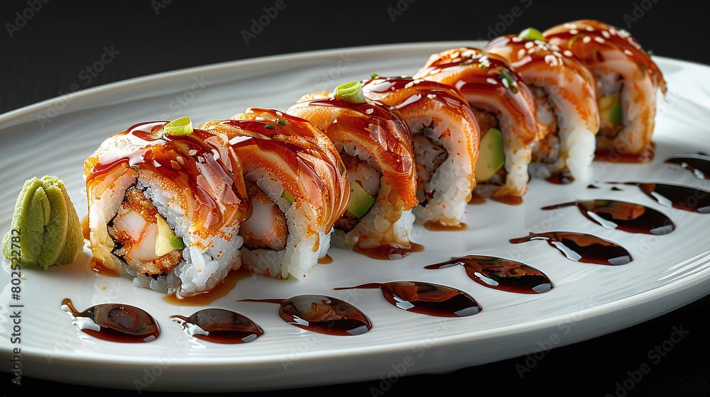Close Up Gourmet Sushi with Savory Eel Sauce and Fresh Wasabi Close Up Gourmet Sushi with Savory Eel Sauce and Fresh Wasabi