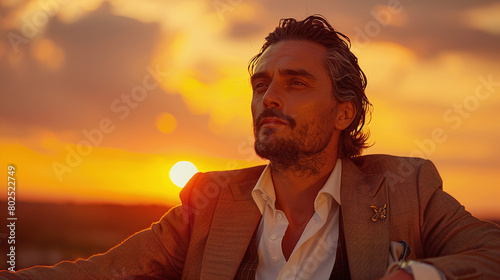 Elegant Man Contemplating Sunset in Suit Vibrant Sky Orange Tones photo