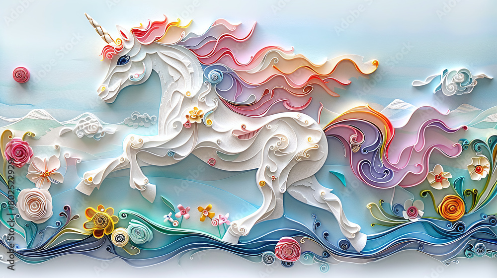 Majestic White Unicorn with Colorful Flowing Mane in Floral Fantasy Landscape