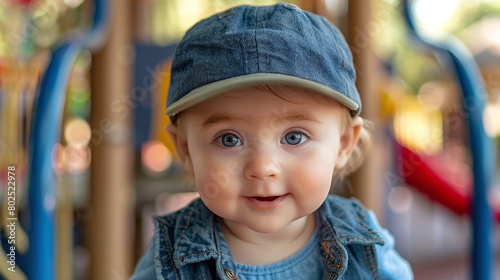 Adorable Toddler with Blue Eyes Wearing Denim in Playground Setting © Kiss