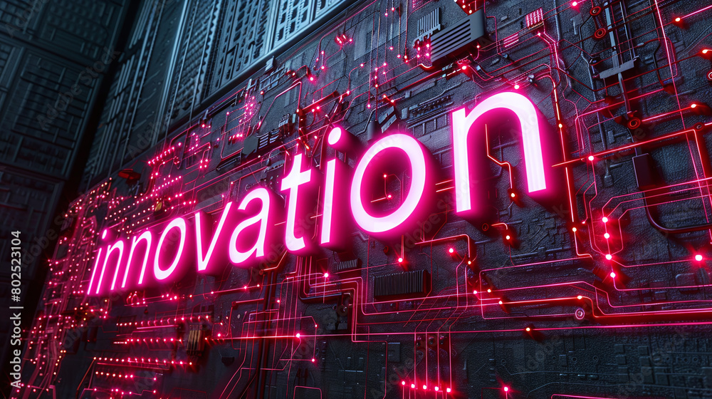 Neon Innovation Sign on Futuristic Circuit Board Background