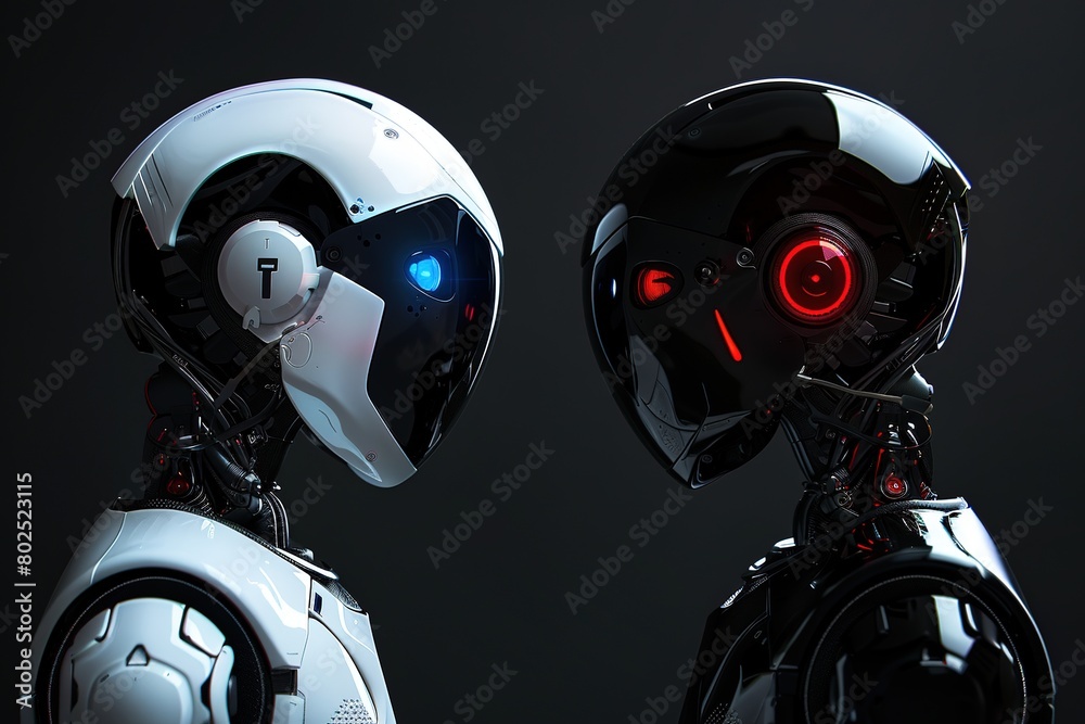 Two robots on black background, close-up. 3d rendering, Ai Generated Two robots on black background, close-up. 3d rendering, Ai Generated