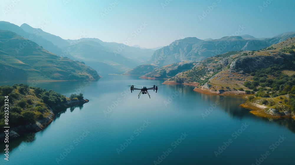 Drone Flying Over Serene Mountain Lake in Sunny Landscape