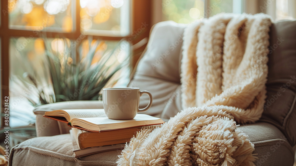 Cozy Reading Nook with Warm Blanket Open Book and Coffee Cup by Window Light