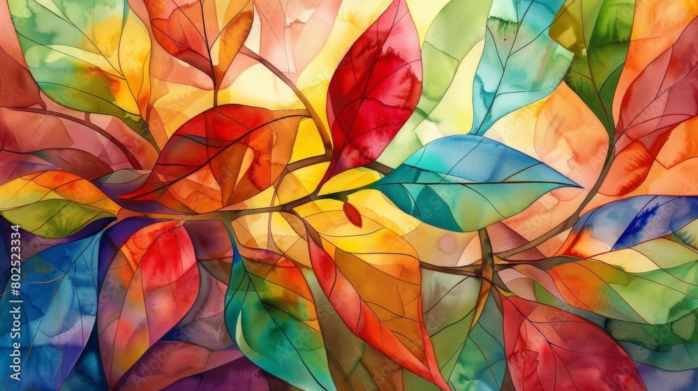 A vibrant watercolor painting portraying a bouquet of leaves arranged in a colorful and fluid fashion reminiscent of a stained glass window..