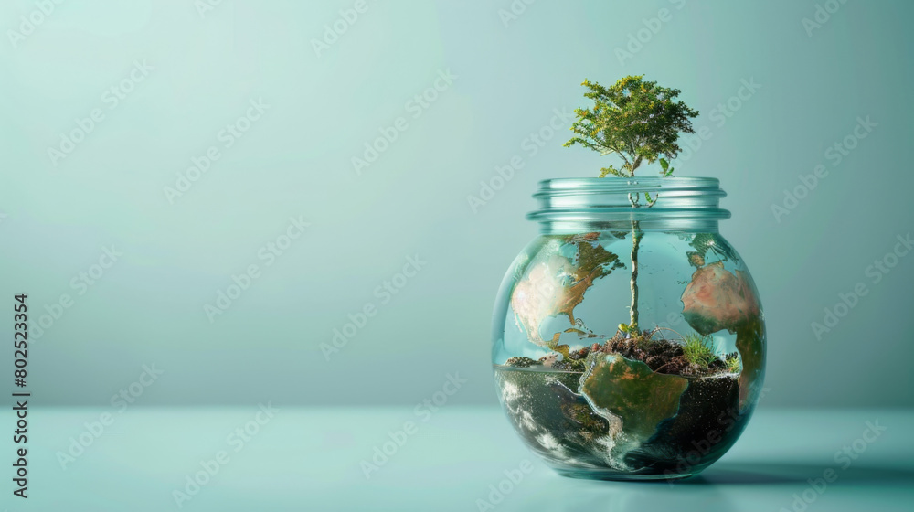 An abstract concept of the world growing inside a jar and one tree growing from within
