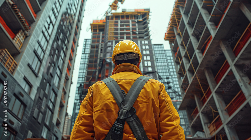 Construction Worker in Yellow Jacket and Helmet Overlooking Urban High-rise Buildings
