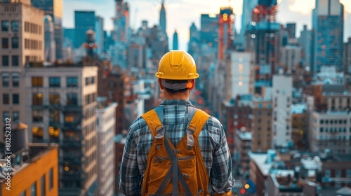 Construction Worker Overlooking Bustling Cityscape at Sunset