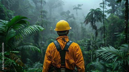 Man in Yellow Hard Hat and Jacket Exploring Misty Green Jungle