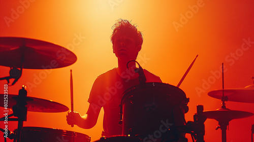 Young male drummer playing at sunset vibrant orange silhouette