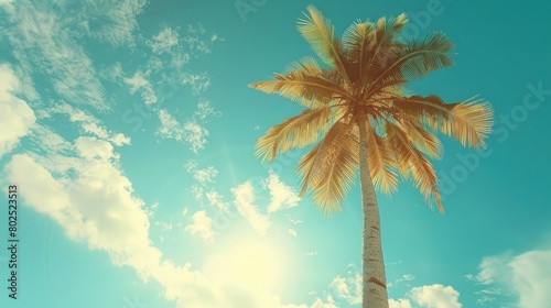 Coconut palm tree sunlight in summer - clouds with blue sky background. Vintage color tone effect. Beautiful simple AI generated image in 4K, unique. © Ahtesham