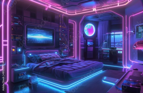 3D Rendering. Modern bedroom interior design with futuristic neon light