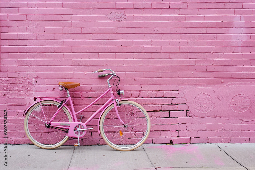 A pink bicycle parked against a pink brick wall. A pink bicycle parked against a pink brick wall.