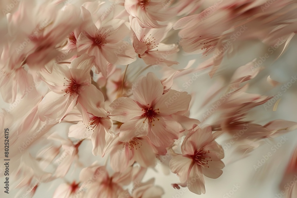 An artistic close-up of cherry blossoms basking in a serene and soft backlight, highlighting their delicate textures