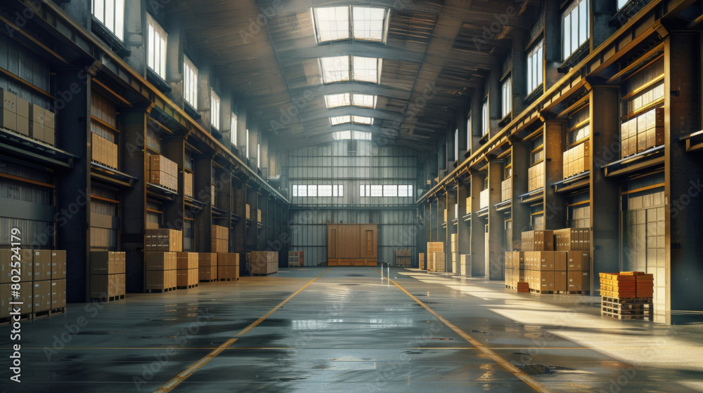 Fototapeta premium Interior, storage and warehouse with empty depot or facility for delivery, distribution or shipping. Inventory, stock and supply chain logistics with industrial plant for commercial wholesale