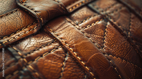 Close Up of Textured Brown Leather with Detailed Stitching Patterns