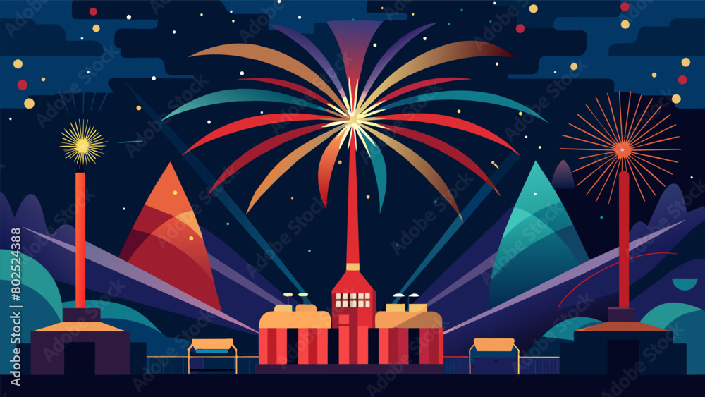 A stunning firework display lighting up the night sky synchronized to the music being played.. Vector illustration