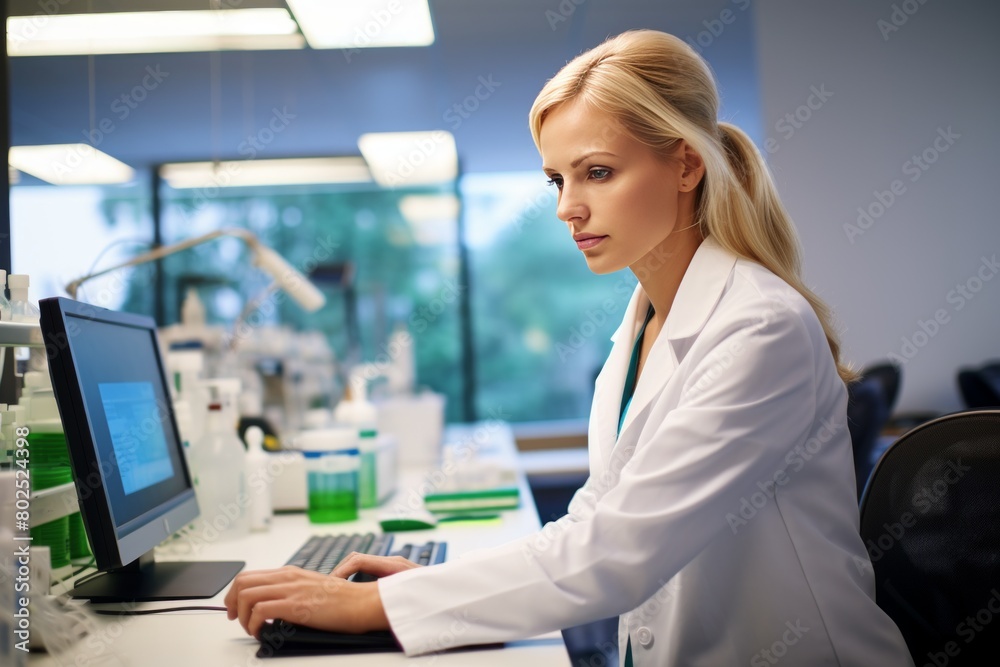 Obraz premium Blonde pharmaceutical scientist using computer while working in laboratory