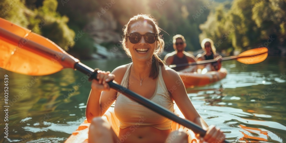 Joyful group of three kayakers enjoying summer adventure on sunlit river, vibrant orange kayak paddles highlighted, outdoor leisure activity theme.