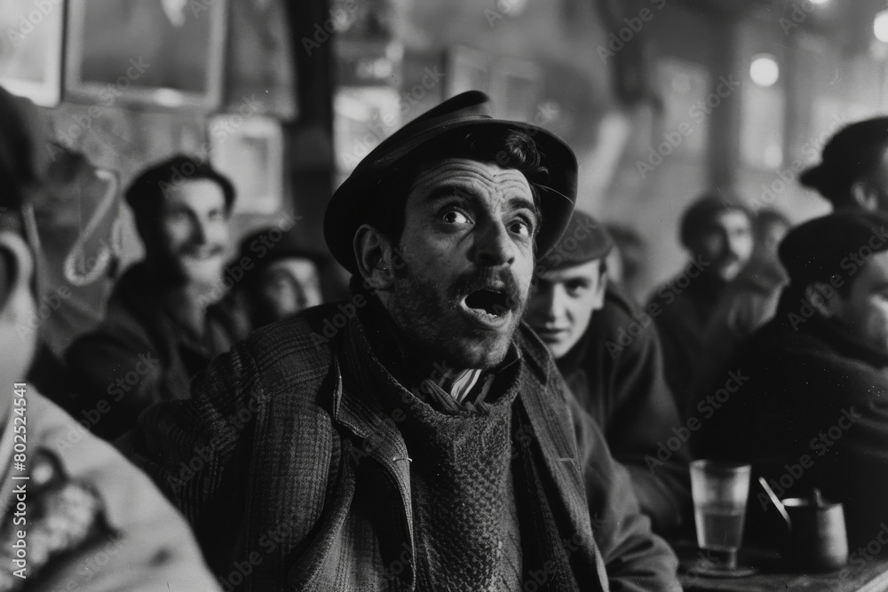 A black and white photo capturing a man expressing shock in a crowded bar