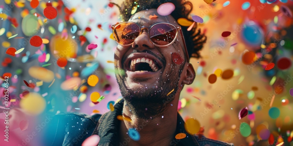 Joyful man celebrating with multicolored confetti, capturing festival vibes and happiness, bright sunny day, vibrant colors, festive mood. Joyful man celebrating with multicolored confetti, capturing festival vibes and happiness, bright sunny day, vibrant colors, festive mood.
