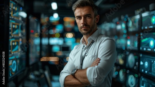 Handsome male engineer standing confidently in data center full of digital equipment, embodying innovation and technology expertise.