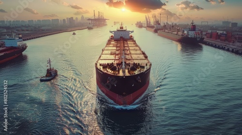 Majestic cargo ship entering bustling harbor at sunrise with city skyline, reflecting global trade and transportation efficiency.