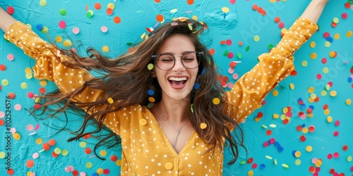 Joyful young woman celebrating with colorful confetti against vibrant blue background, festive mood evoking carnival or birthday party vibes.