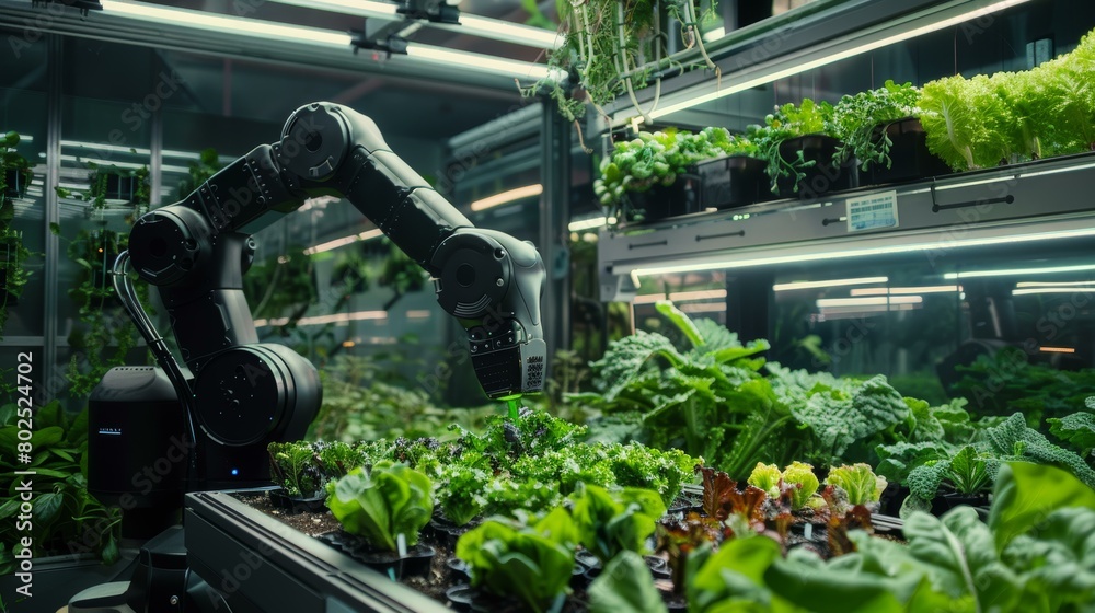 Innovative indoor farm with robots managing an array of lush green leafy vegetables, showcasing advanced agriculture technology and sustainability.