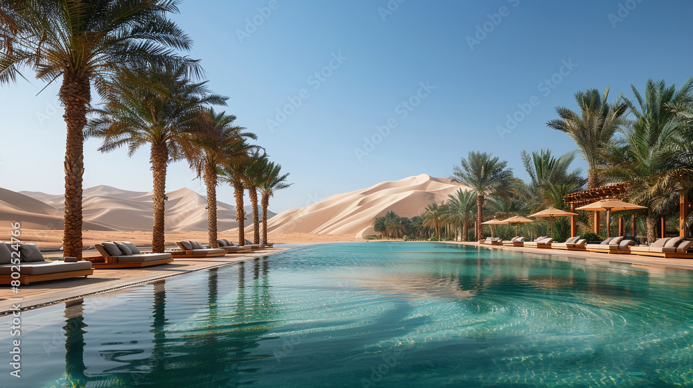 Luxury Oasis Poolside Retreat Beside Sweeping Sand Dunes Under Blue Sky