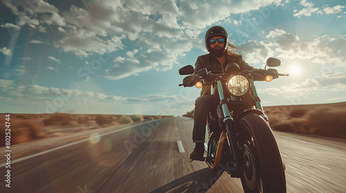 Bearded Man Riding Motorcycle on Sunny Desert Road at Sunset © Kiss