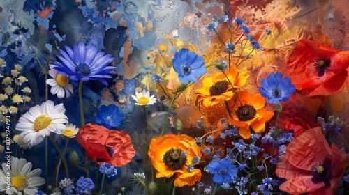A chaotic arrangement of sunkissed daisies brilliant bluebells and delicate poppies..