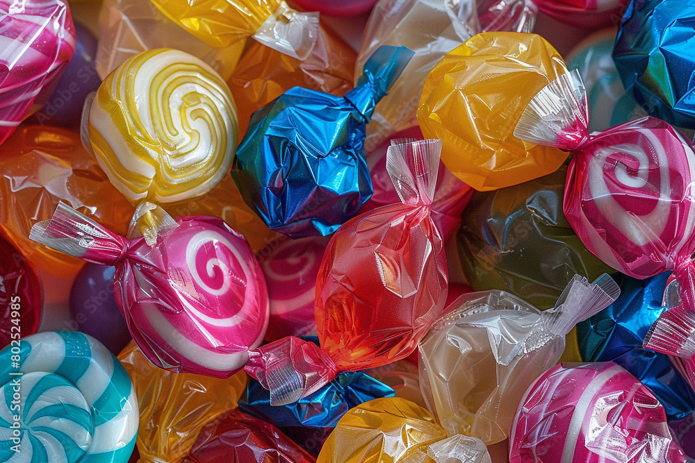 A pile of colorful wrapped candies and lollipops.