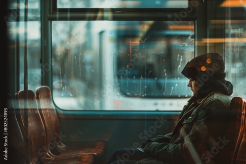 Artistic representation of an anonymous person sitting inside a public transport vehicle, focusing on urban life anonymity photo