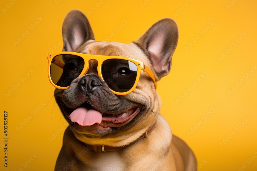 portrait of adorable happy brown dog french bulldog wearing yellow sunglasses on a bright yellow background